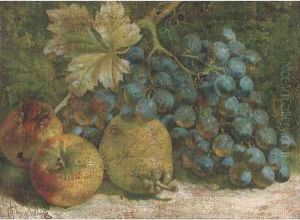 Apples, a pear and a bunch of grapes on a mossy bank by William Hughes