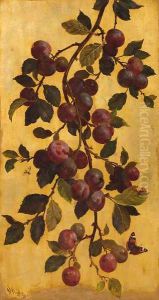 A branch with plums against a gold background by William Hughes