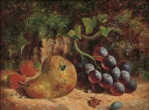 A pear, strawberries and grapes on a mossy bank by William Hughes