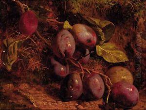 Plums on a mossy bank by William Hughes