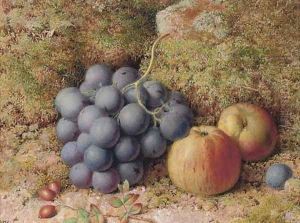 Still life of grapes and an apple on a mossy bank by William Hughes