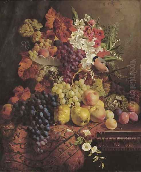 Flowers, fruit, a bullfinch and its nest - view 1