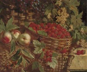 Strawberries, raspberries, grapes, peaches and elderberries in wicker baskets on a stone ledge by William Hughes