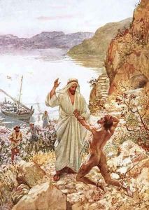 Jesus meeting with a demoniac in the country of the Gadarenes