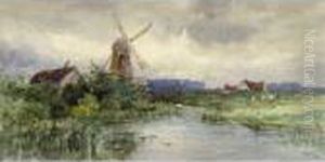 Windmill With Cows Grazing By A Stream; 1893 by Frederic Marlett Bell-Smith