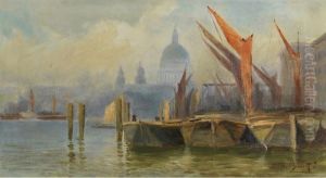 Boats Moored On The Thames, St. Paul""""s In The Distance Boats Moored On The Thames, St. Paul""""s In The Distance