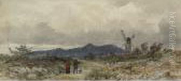 Figures Walking Along A Path With A Windmill In The Distance - view 1