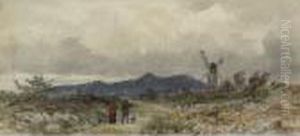 Figures Walking Along A Path With A Windmill In The Distance by Frederic Marlett Bell-Smith
