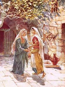 Mary goes into the hill country and meets Elizabeth