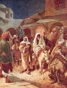 Joseph and Mary arrive at Bethlehem but find there is no room for them at the inn
