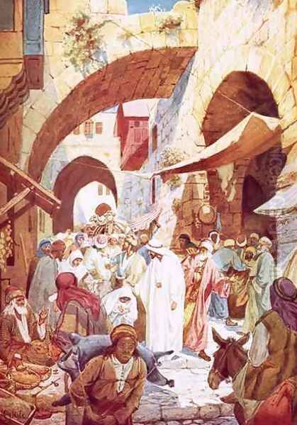 Jesus healing a woman in the crowd while on the way to the house of Jairus - view 1