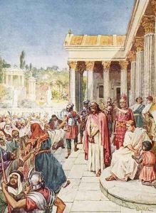 Pilate yielding Jesus to be crucified