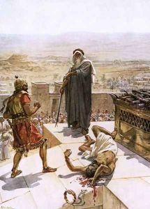 Samuel slaying Agag before the lord at Gilgal
