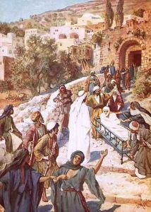 Jesus raising a young man from the dead in a city called Nain