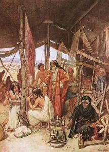 Moses inspecting the weaving and embroidering of the hangings of the Tebernacle