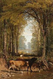 Cows and Sheep by a Stream by James McDougal Hart