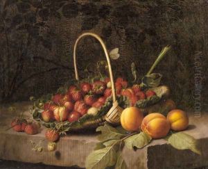 A Basket of Strawberries and Peaches on a Stone Ledge by William Hammer