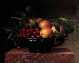 Peaches And Cherries In A Bowl On A Marble Ledge by William Hammer