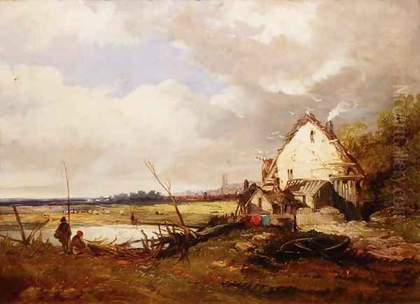 Anglers by a Cottage on a River Bank - view 1