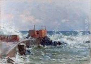 Molo Sotto La Mareggiata (marina Di Nervi) by Achille Beltrame