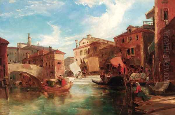 Gondolas by a market, Venice - view 1
