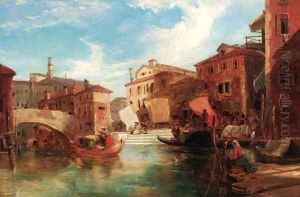 Gondolas by a market, Venice