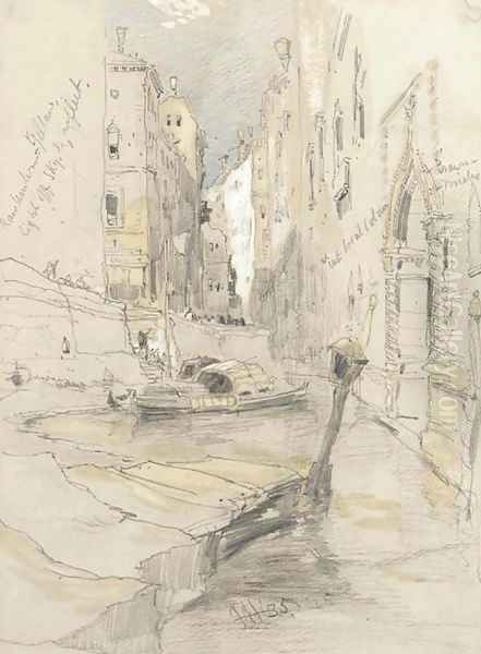 A Venetian canal with two barges - view 1