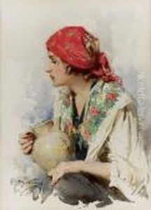 Ritratto Di Contadina Con Vaso E Fazzoletto Rosso - 1942 by Achille Beltrame