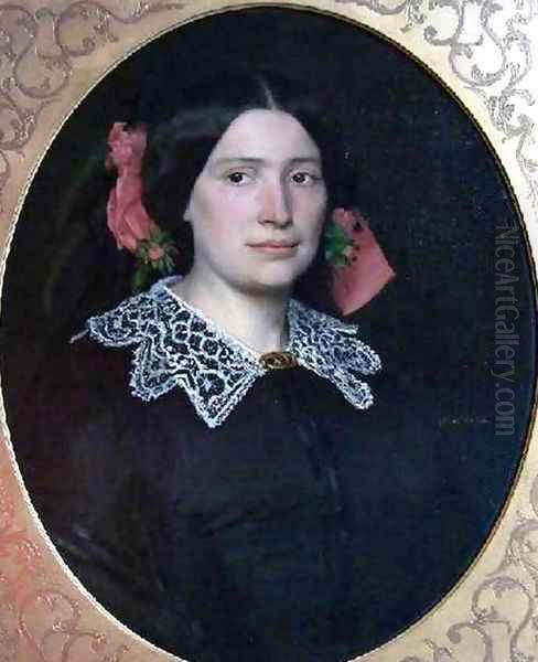 Portrait of Woman with Pink Ribbons and Lace Collar - view 1