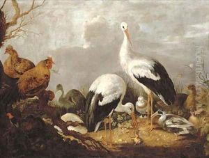 Storks, mallards, chickens, a heron, a frog and other birds in a river landscape