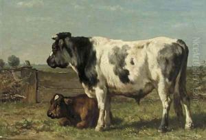 A bull and a calf in a meadow by Johannes-Hubertus-Leonardus de Haas