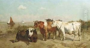 Cows on a waterside by Johannes-Hubertus-Leonardus de Haas