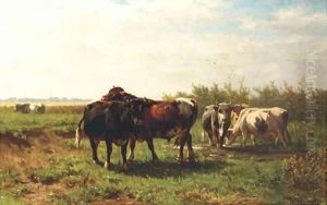 Les Paturages Hollandaises cattle in a meadow by Johannes-Hubertus-Leonardus de Haas