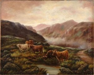 Troupeau Pres Du Ruisseau Dans La Campagne Ecossaise by Frank Moss Bennett
