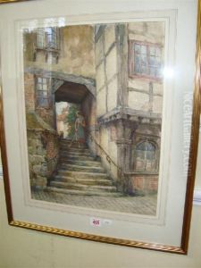 Sweeping Steps Beside Dog In Medieval House Archway by Frank Moss Bennett