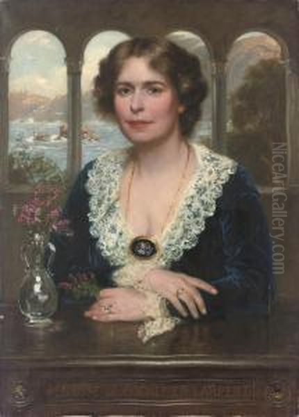 Portrait Of Penrose De Hochepied
Larpent, Half-length, In A Blue Velvet Dress With Lace Collar And
Cuffs, Seated At A Wooden Table, A Landscape Beyond - view 1