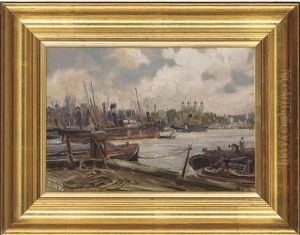 On The Thames, The Tower Of London Beyond by Frank Moss Bennett
