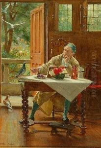Gentlemen Seated In An Interior Feeding Pigeons, A Garden Beyond by Frank Moss Bennett