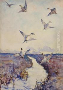 Pintails In Flight Over A Marsh by Frank Weston Benson