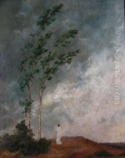 Lady In White On A Stormy Hillside - view 1