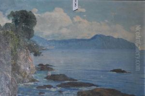 Veduta Della Costa Ligure, Cm 40x63, Firmato In Basso A Destra by Cesare Bentivoglio