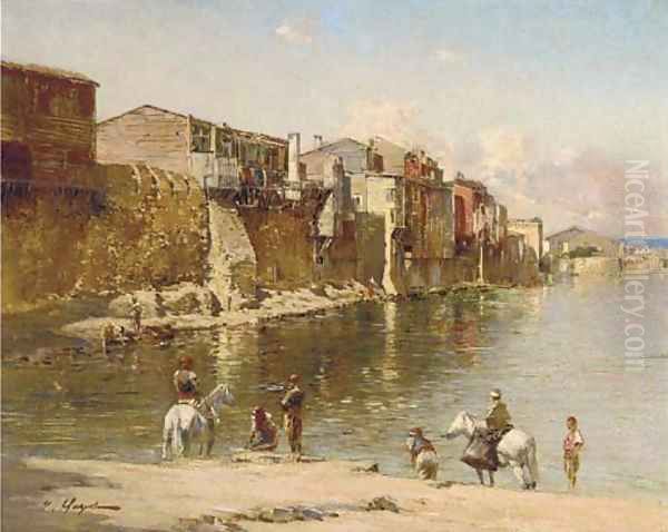 Figures on a river bank - view 1