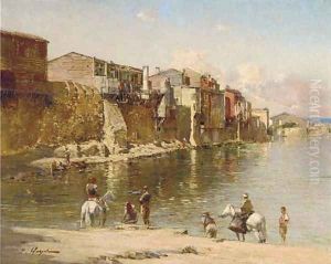 Figures on a river bank by Victor Pierre Huguet