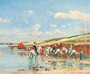 Arabs at the river's edge by Victor Pierre Huguet