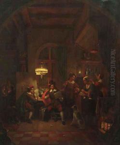 An artist showing designs to a client in a candle-lit tavern