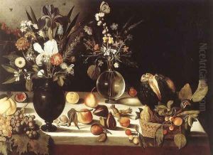 A Table Laden with Flowers and Fruit 1600-10 by Master of the Hartford Still-life