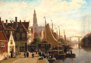A view of a town in summer with townsfolk on a quay by the Sneek-Lemmer ferry post