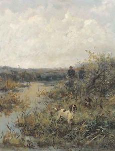 Sportsmen with their pointers at a pond by Johannes Frederik Hulk