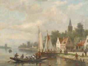 A cattle ferry on a river by a village