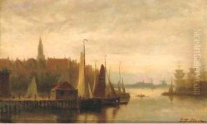 View of a harbour town at dusk by Johannes Frederik Hulk